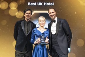 Julie Hammond, CEO of ICC Wales and The Celtic Collection receives the award for Best UK Hotel at the M&amp;IT Awards